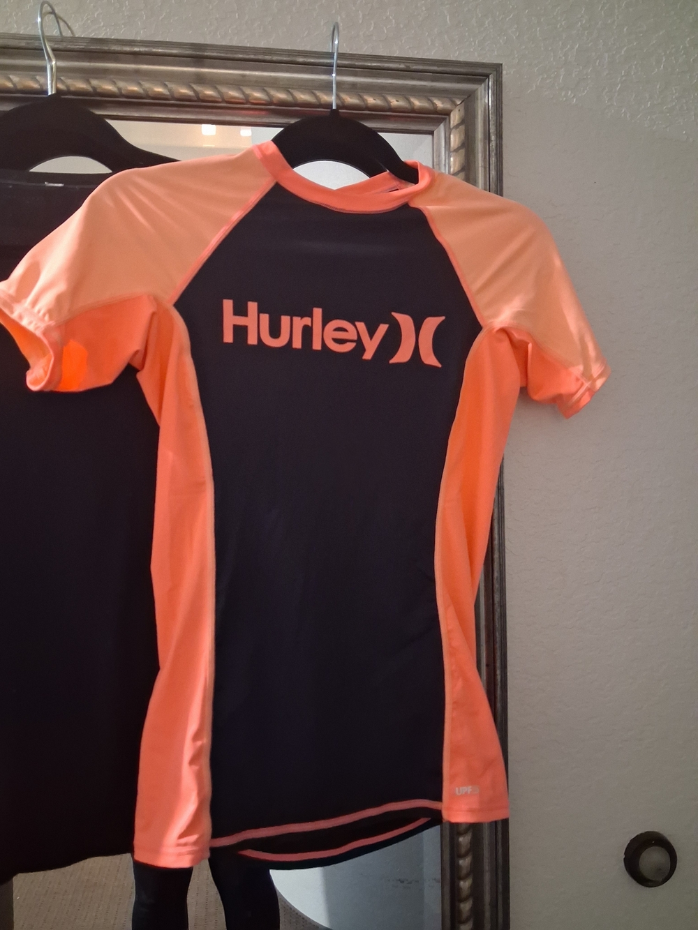 Hurley Black and Neon Orange Short Sleeve Rash Guard